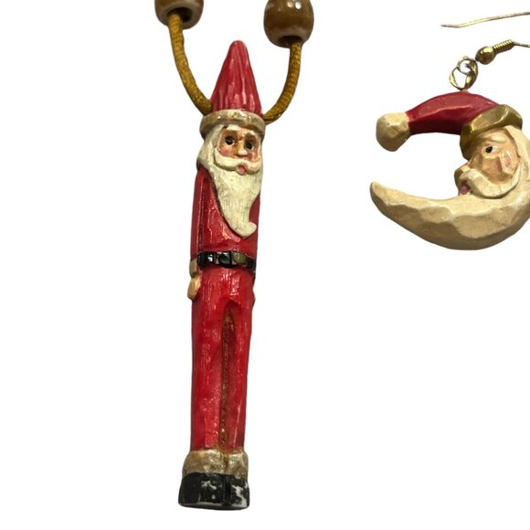 SANTA CLAUS Necklace and Earrings Folk Art Wooden-look String Father Christmas - Picture 2 of 8